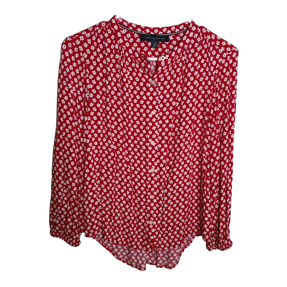 Tommy Hilfiger Blouse Women's XS Red Button Up Floral Long Sleeve Shirt Top